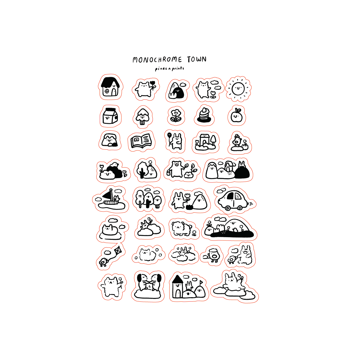 Monochrome town transparent sticker sheet