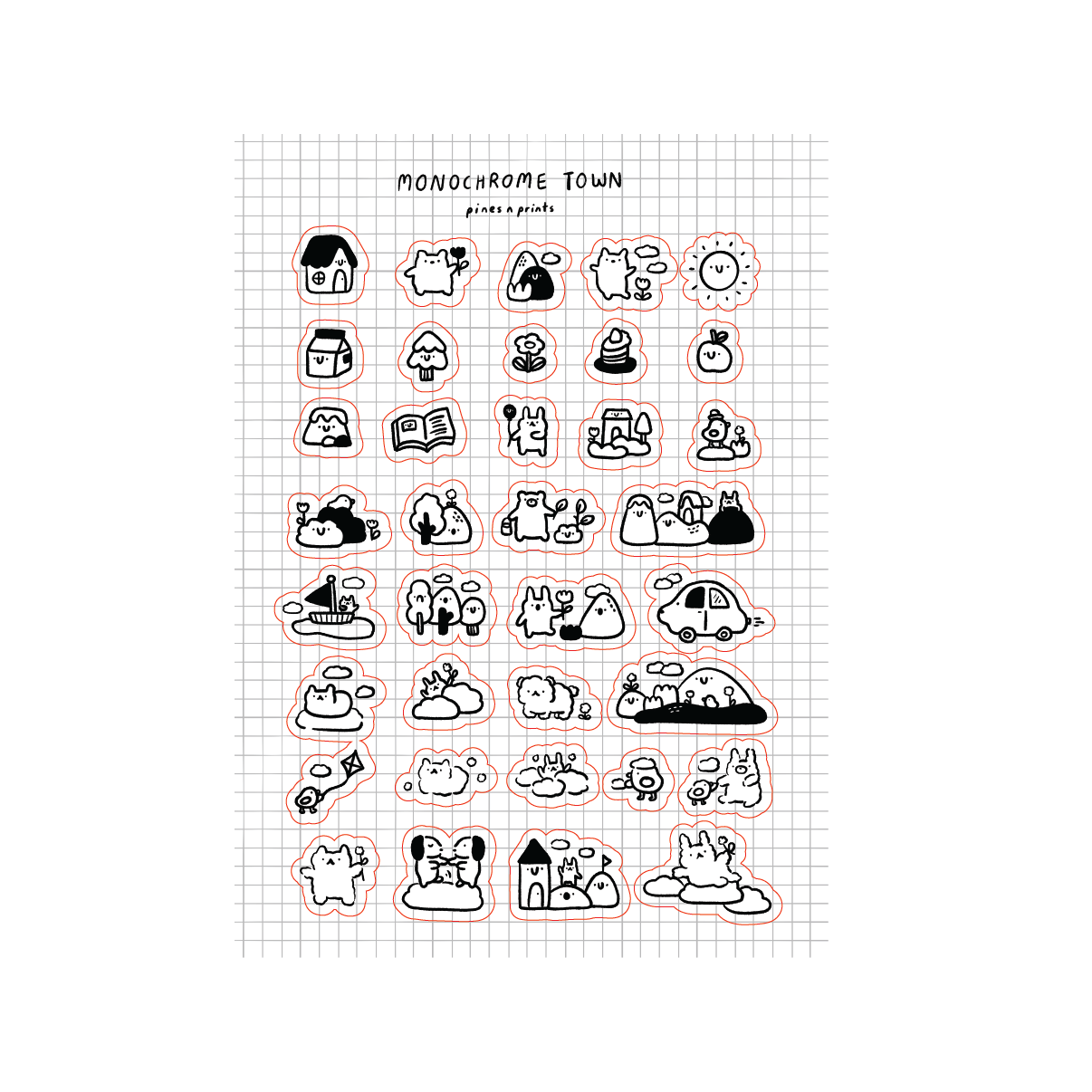 Monochrome town transparent sticker sheet